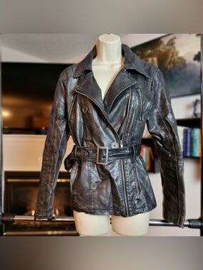George Black & Silver Faux Leather Fitted Belted Moto Button Zipper Jacket